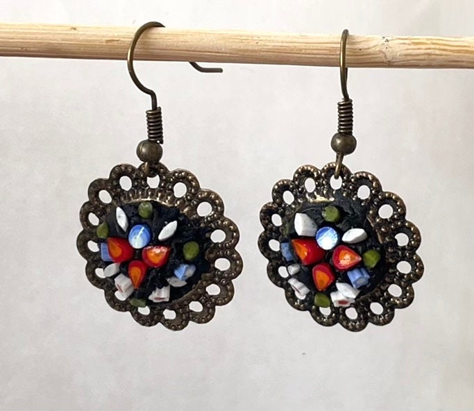 My own handmade Italian style round inlaid micro mosaic glass earrings