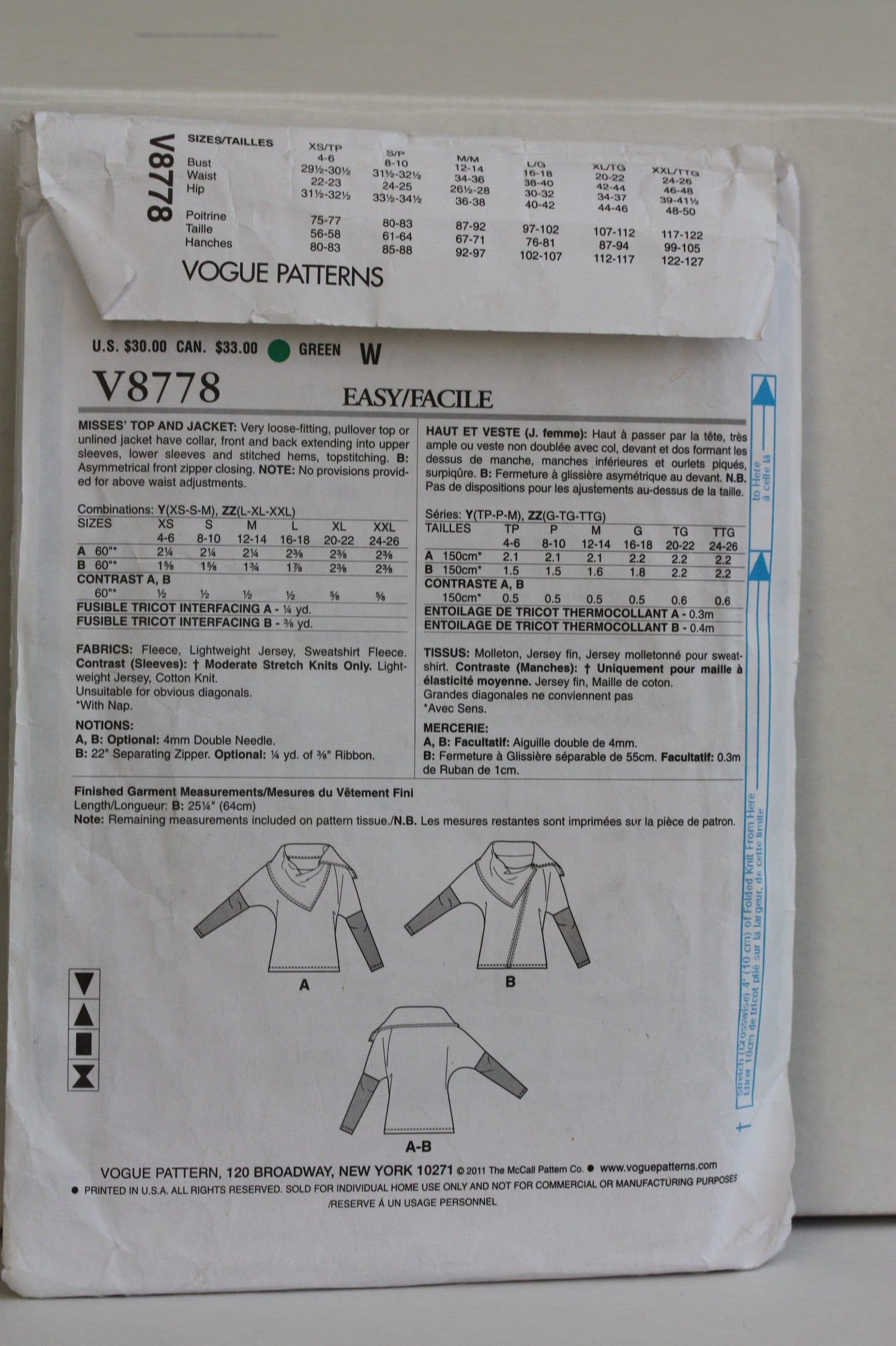 UNCUT Sewing Pattern - Sz Lg/XLg/XXLg - Vogue Jacket Pattern v8778 by KATHERINE TILTON - Misses' Asymmetrical Top and Jacket -Vogue Designer