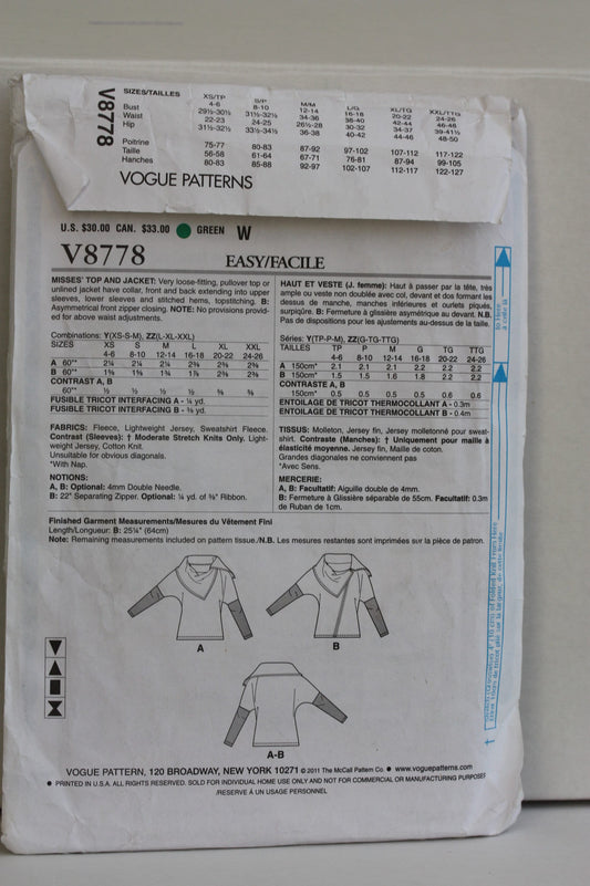 UNCUT Sewing Pattern - Sz Lg/XLg/XXLg - Vogue Jacket Pattern v8778 by KATHERINE TILTON - Misses' Asymmetrical Top and Jacket -Vogue Designer