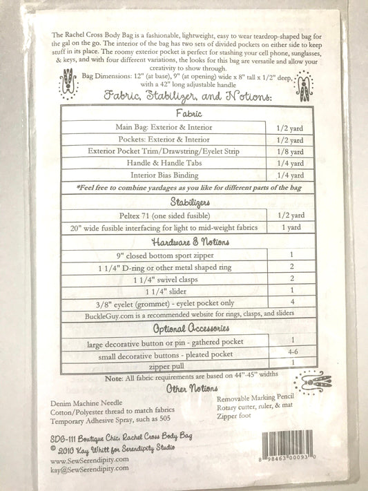 UNCUT Sewing Pattern - Serendipity studio - Rachel cross body handbag pattern #111