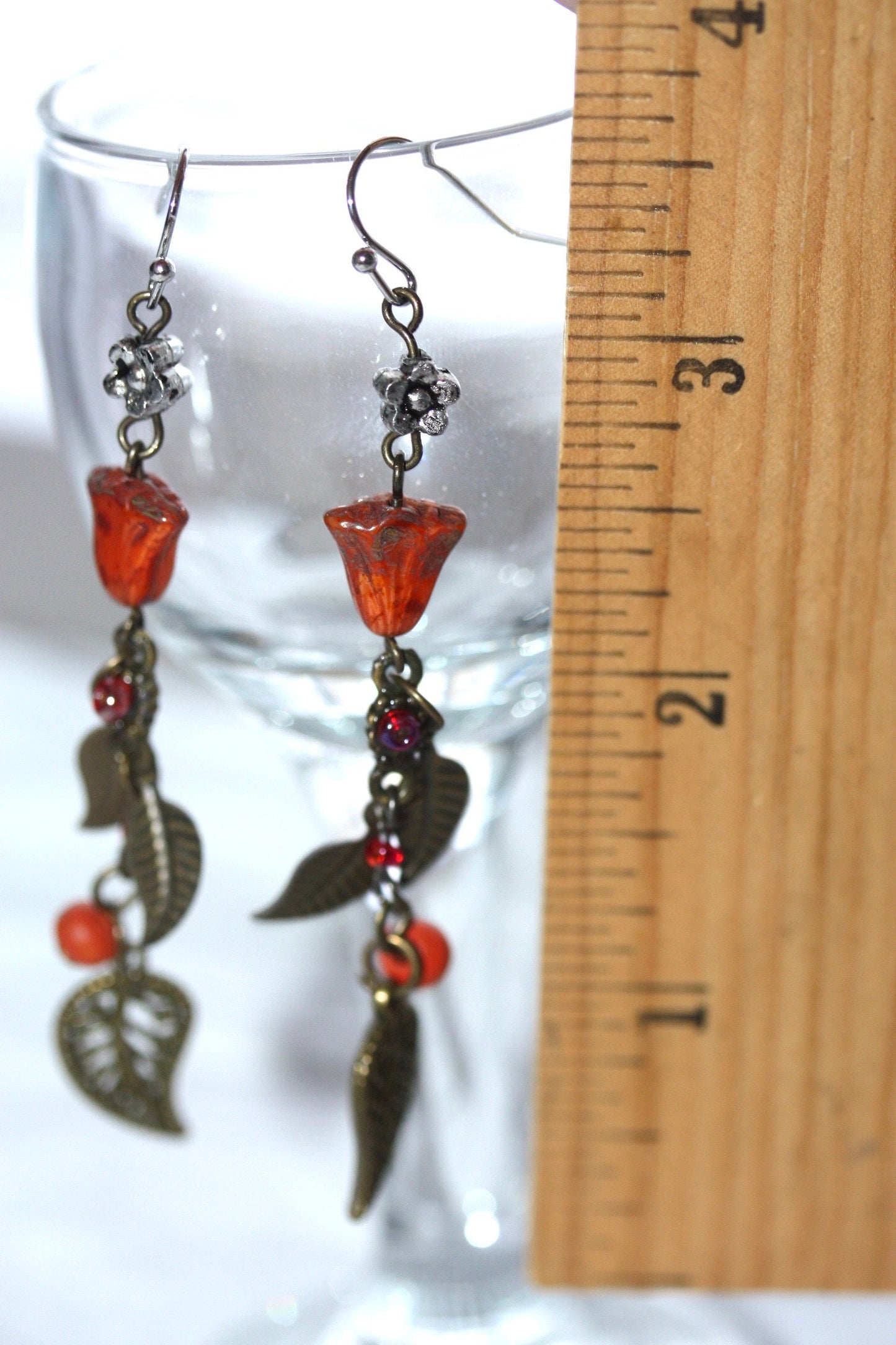 coppery - orange tulip mixed material vintage and new element handmade dangle earrings