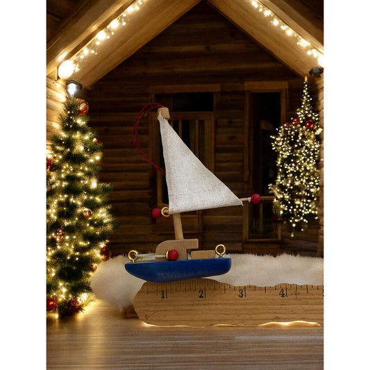 Vintage Wooden Sailboat Christmas Ornament – Charming Nautical Holiday Decor with White Linen Sail, Coastal Christmas Ornament