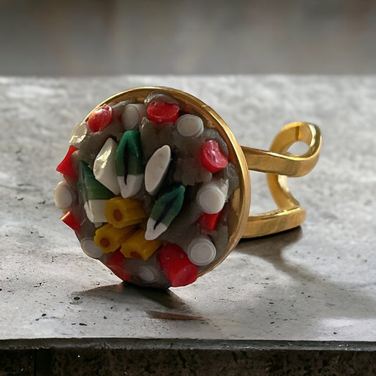 Handmade micro mosaic adjustable ring - Italian inspired - hand cut glass milefiori - little flower garden