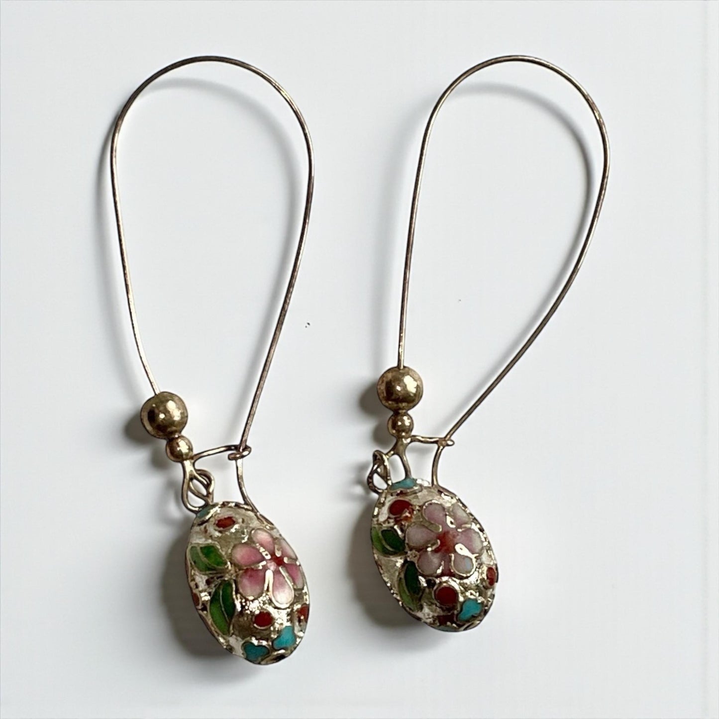 Vintage Cloisonné Floral Dangle Earrings, Enamel Oval Drop Jewelry