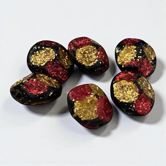 Vintage Red & Gold Glitter on uniquely shaped black Beads – for Jewelry Making