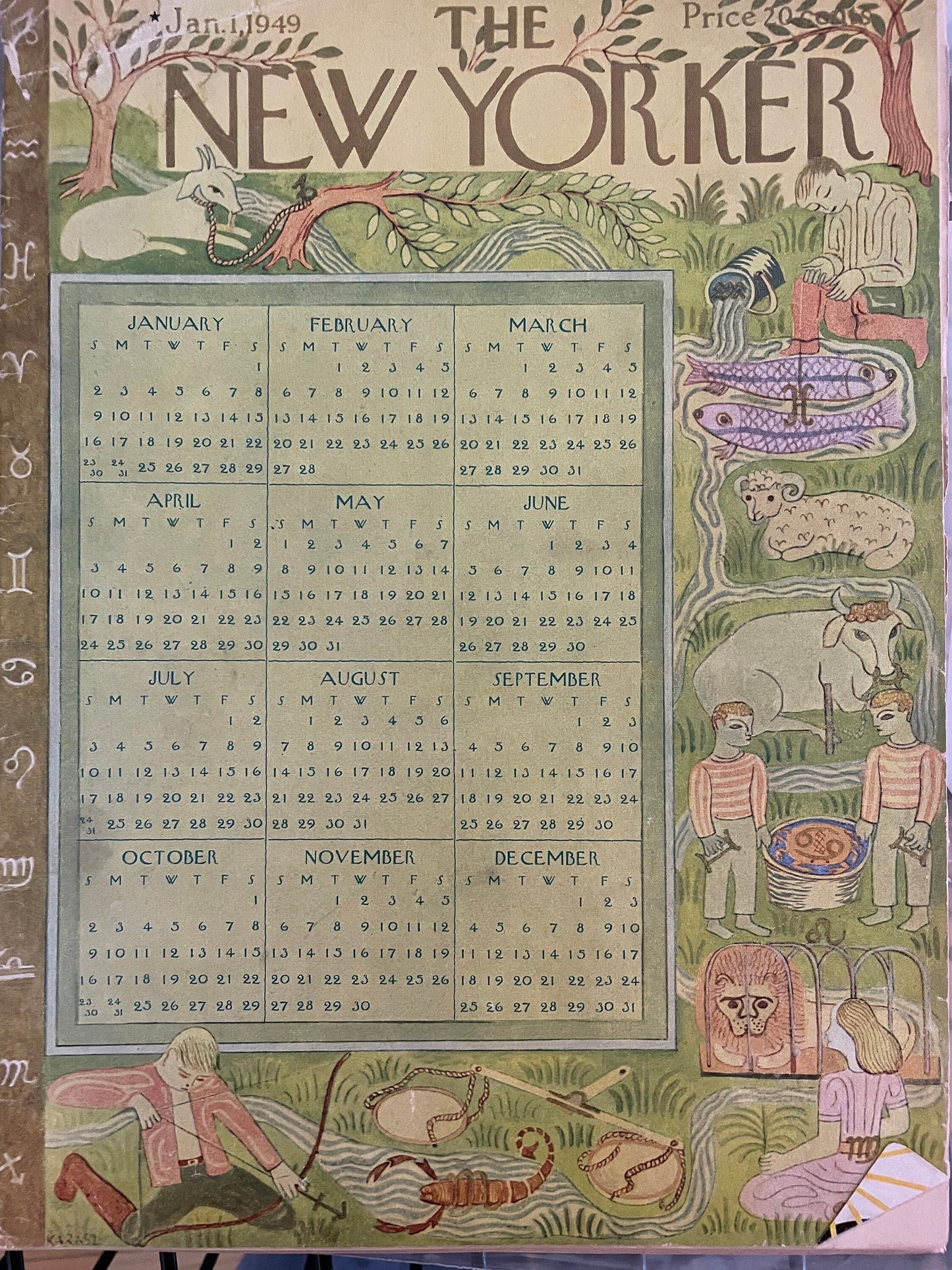 Rare NEW YORKER Magazine cover - January 1, 1949 - An astrology calendar with children and animals.