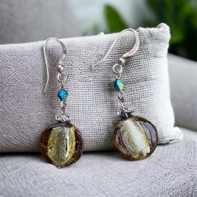 Vintage artisan glass and rhinestone drop earrings