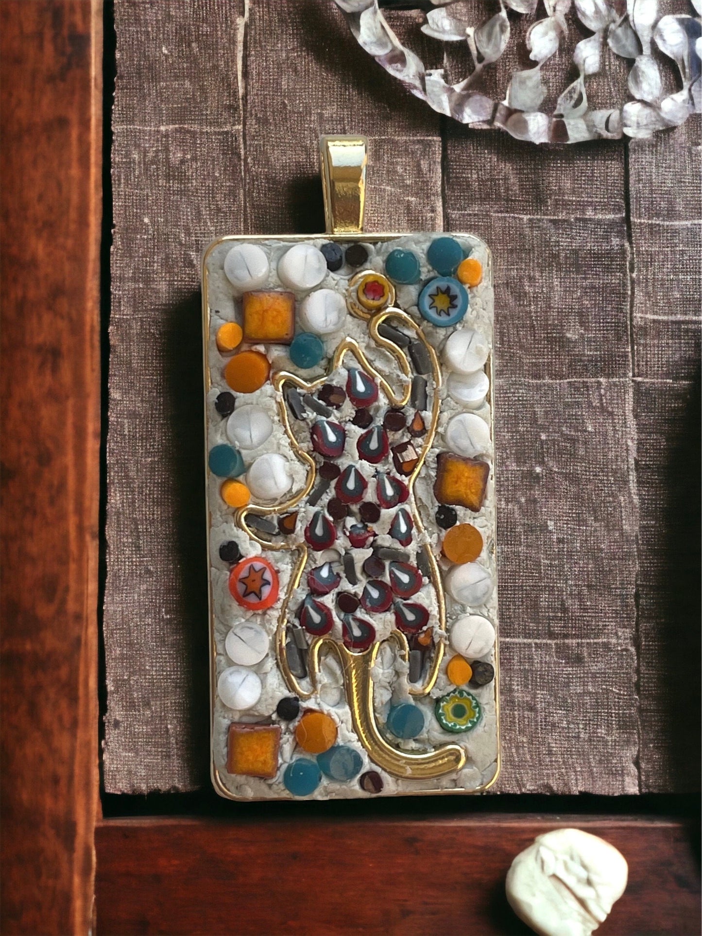 Handmade mixed material micro mosaic cat necklace - made from hand cut millefiori glass and tiles
