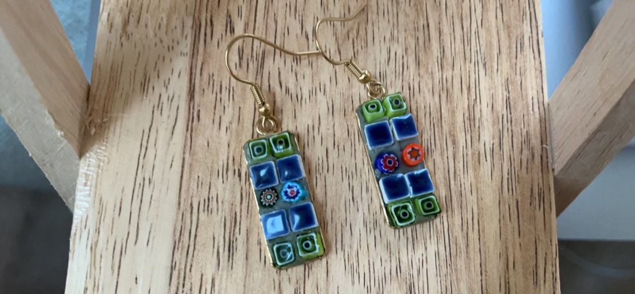 Small handmade micro mosaic glass and tile earrings