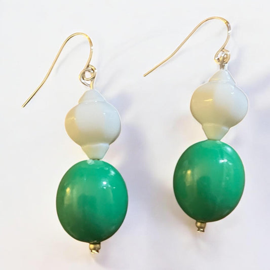 Green and white dangle earrings with retro vintage beads