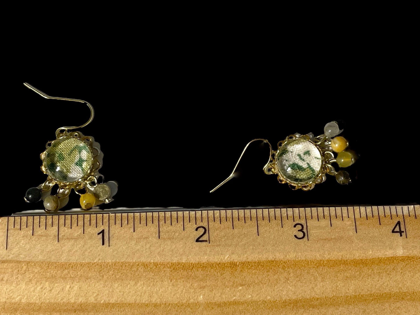 Tiny dangle earrings handmade mixed media earrings made with vintage fabric, glass cabochons, sloped ear wires and tiny dangles