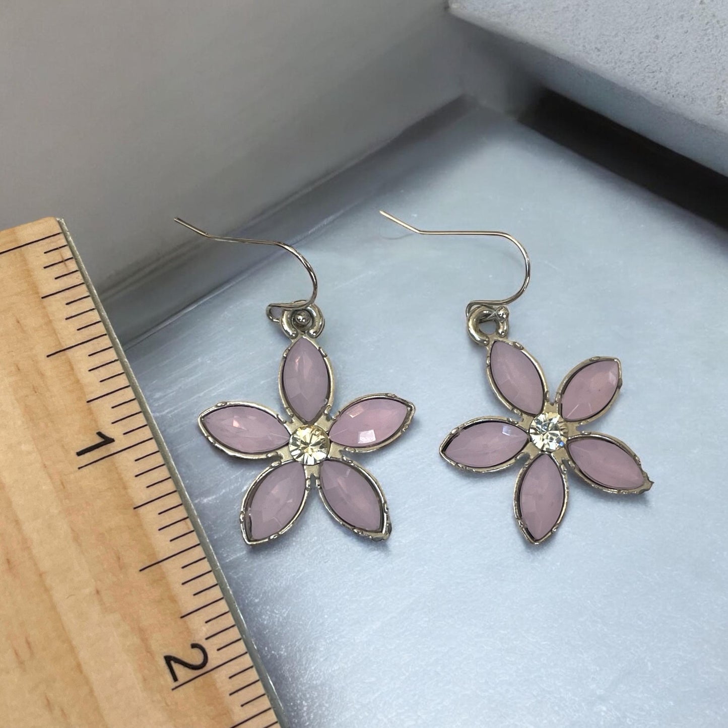 Light pink rhinestone floral dangle earrings