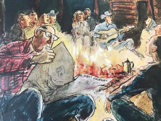 The NEW YORKER Magazine original cover - August 3, 1957 - singing and reading around the campfire