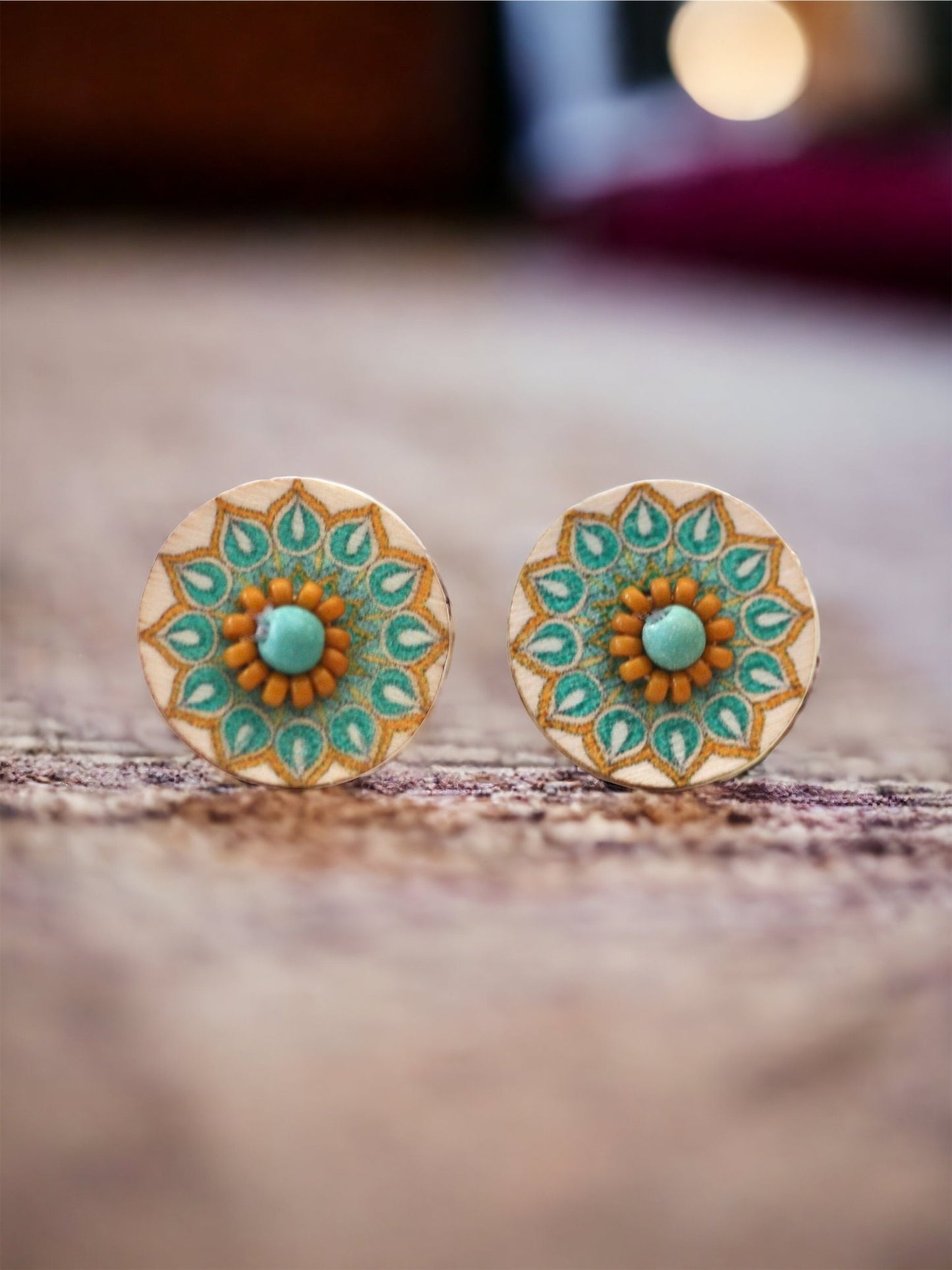 Stunning beadwork mandala stud earrings - turquoise, yellow and cream