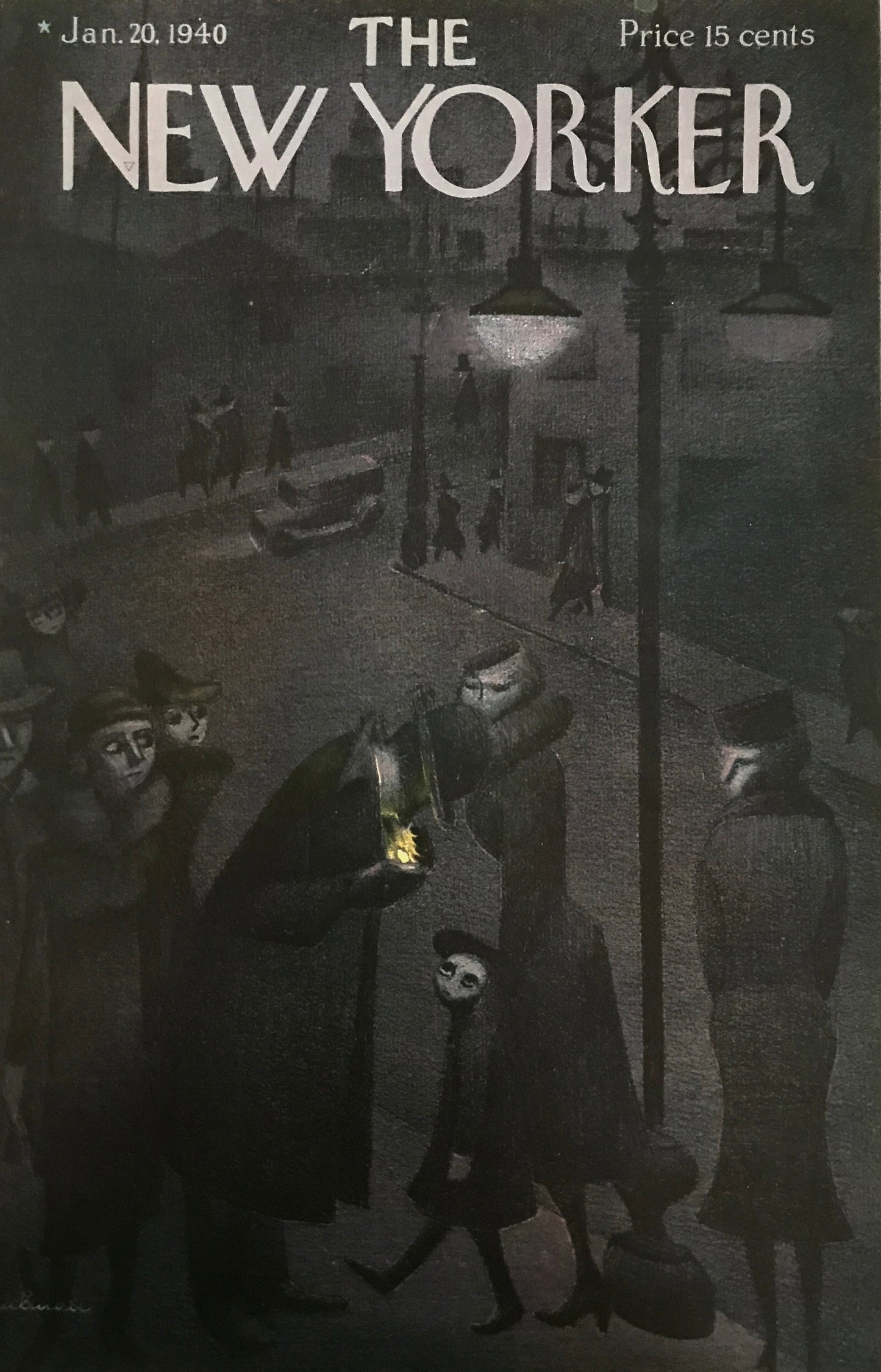 The NEW YORKER Magazine original cover - January 20, 1940 - Christina Malman - Man lighting cigarette on dark street