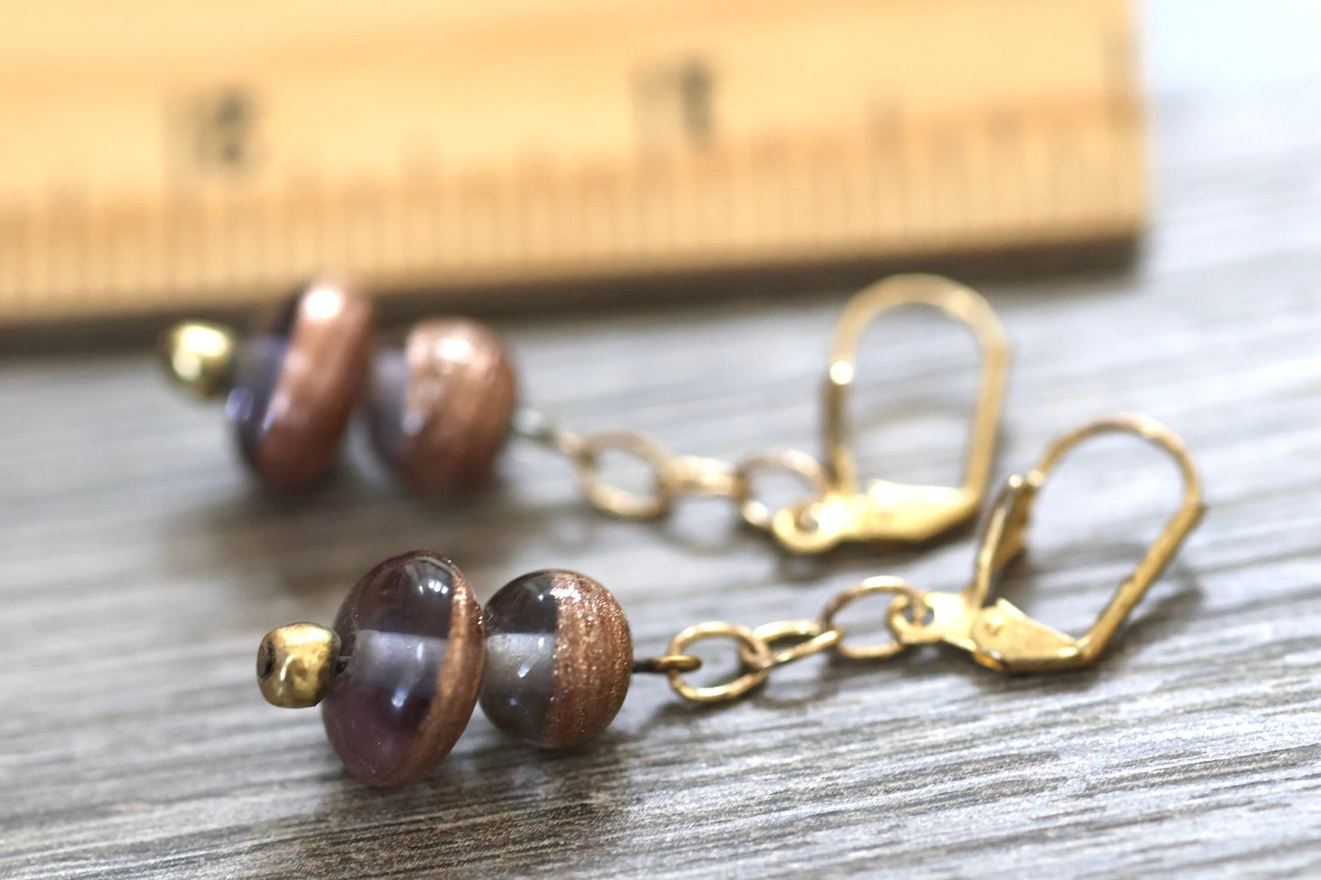Deep purple and gently sparkled copper art glass vintage dangle earrings