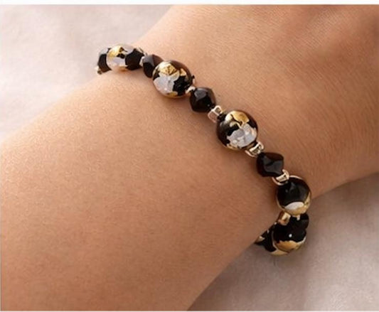Vintage Lucky Clover brand Murano Glass Bracelet Black Gold Silver Foil Beads, Adjustable 7-8 Inch,m Italian Art Glass Jewelry