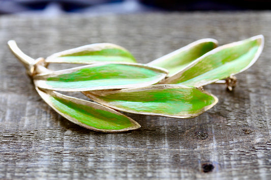Revised, Modernized, Upcycled Vintage hand painted green leaves pin