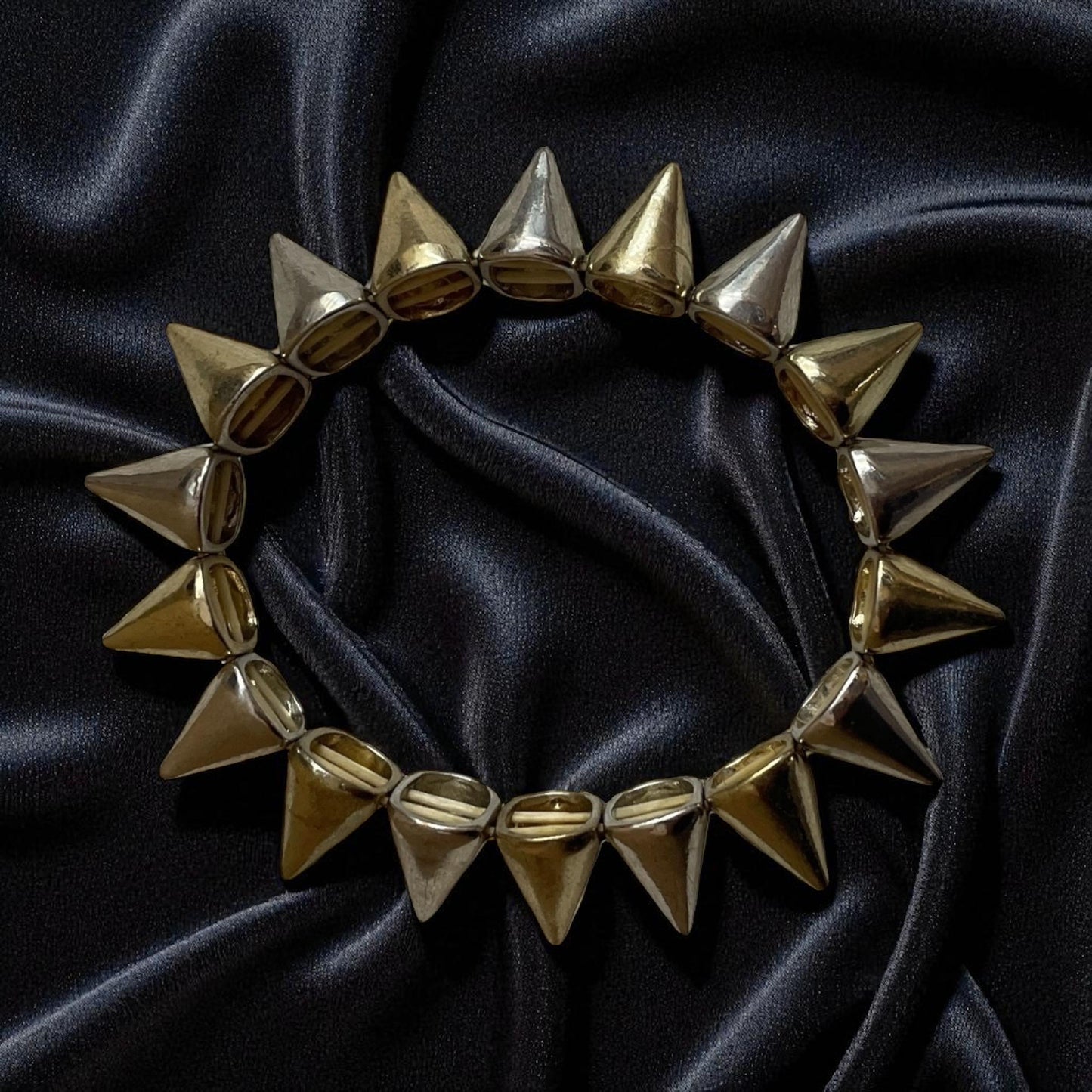 Goldtone and Silvertone Spike Stretch Bracelet – Vintage Mixed Metal Statement Jewelry, Retro Punk Style