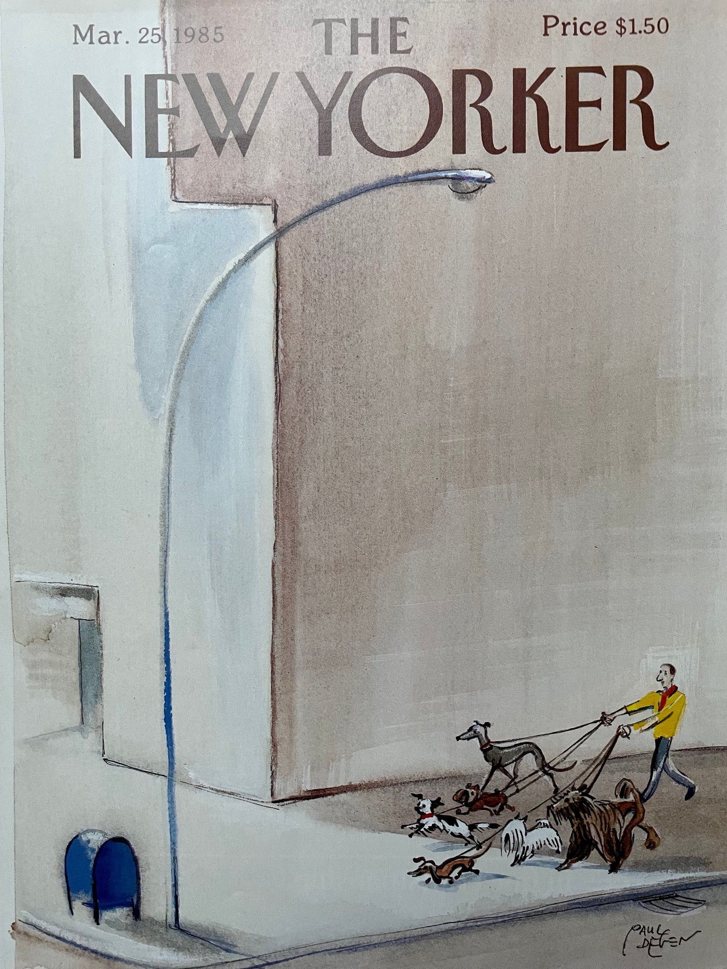 Vintage NEW YORKER Magazine original cover - March 25, 1985 - walking the dogs by Paul Degen