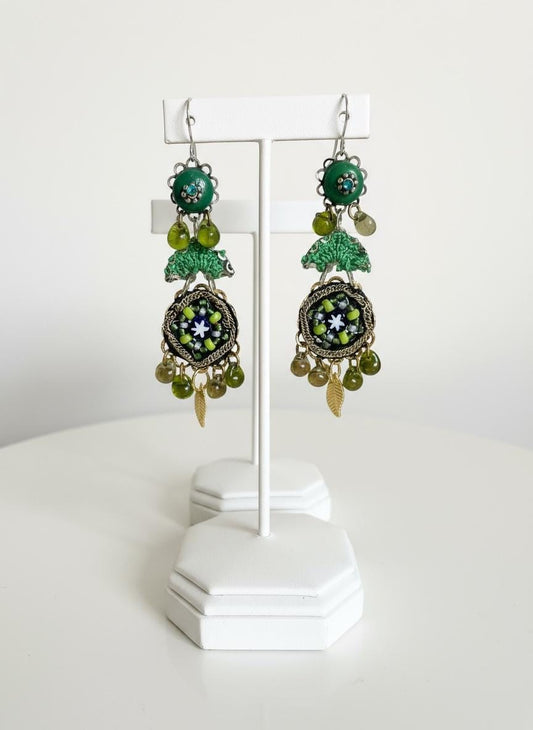 Handmade Green Mosaic Dangle Earrings – Boho Floral Beaded Earrings with Gold Leaf Charms, Vintage Style Artisan Jewelry, Statement Gift