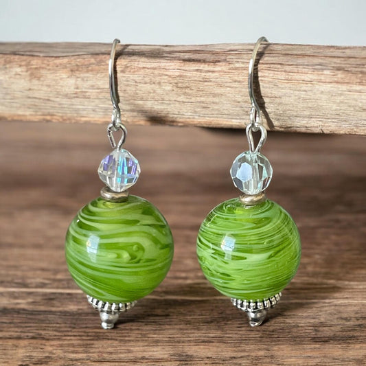 Green swirled fused glass and Swarovski crystal dangle earrings