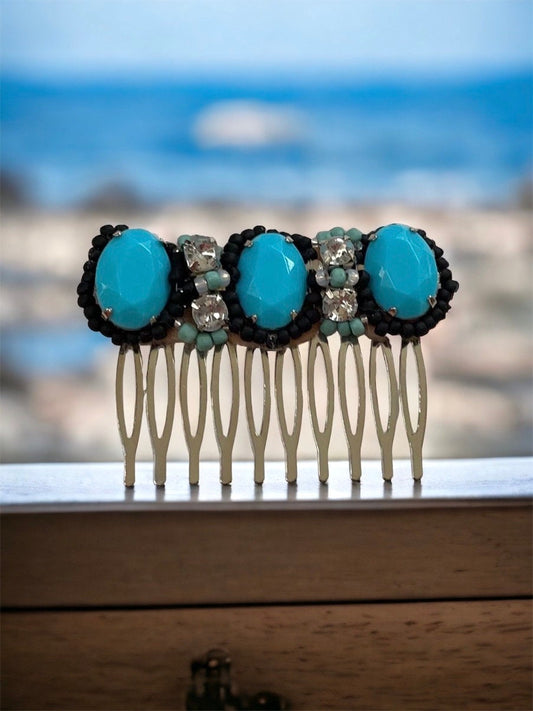 One-of-a-kind hand beaded hair comb - with rhinestones