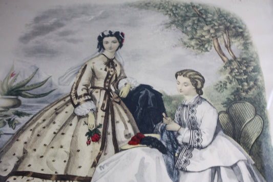 Framed antique FRENCH FASHION PLATE La Mode Illustree 1862 Fashion Illustration - 21" x 17" - Antique Fashion Print