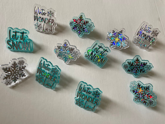 Winter themed plastic ring cake toppers - snowflakes, let it snow, winter wonderland - blue and clear iridescent
