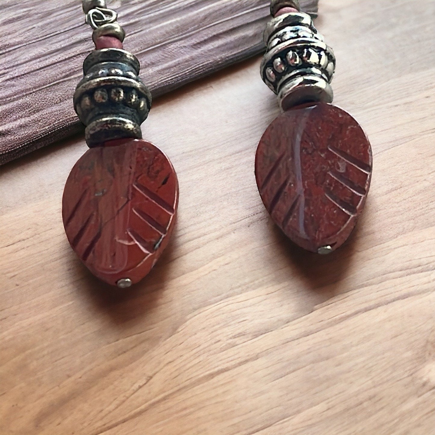 Carved Red Jasper Feather Dangle Earrings