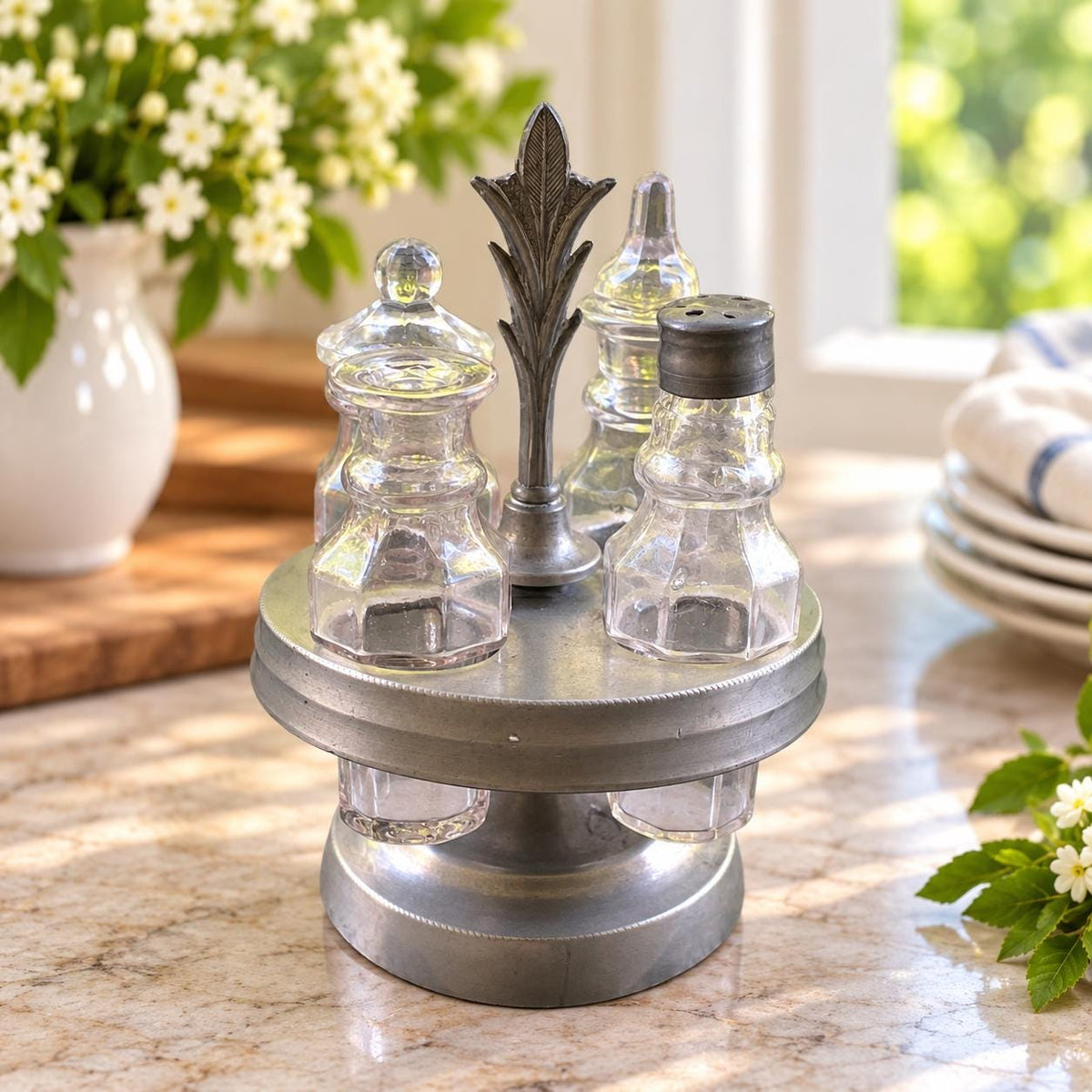 Vintage Glass Cruet Set with Metal Carousel Stand | 4 Piece Condiment Set | Salt Pepper Oil Vinegar Tableware