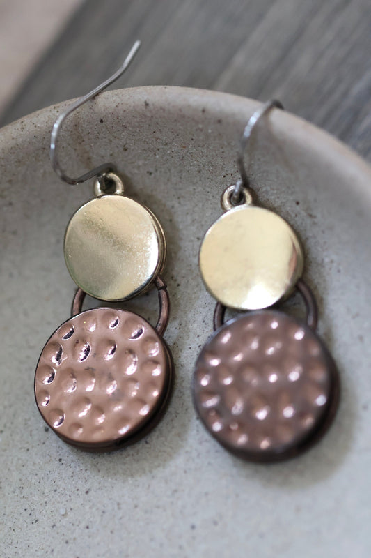 Textured coppertone metal and contrasting smooth goldtone disc unique vintage dangle earrings