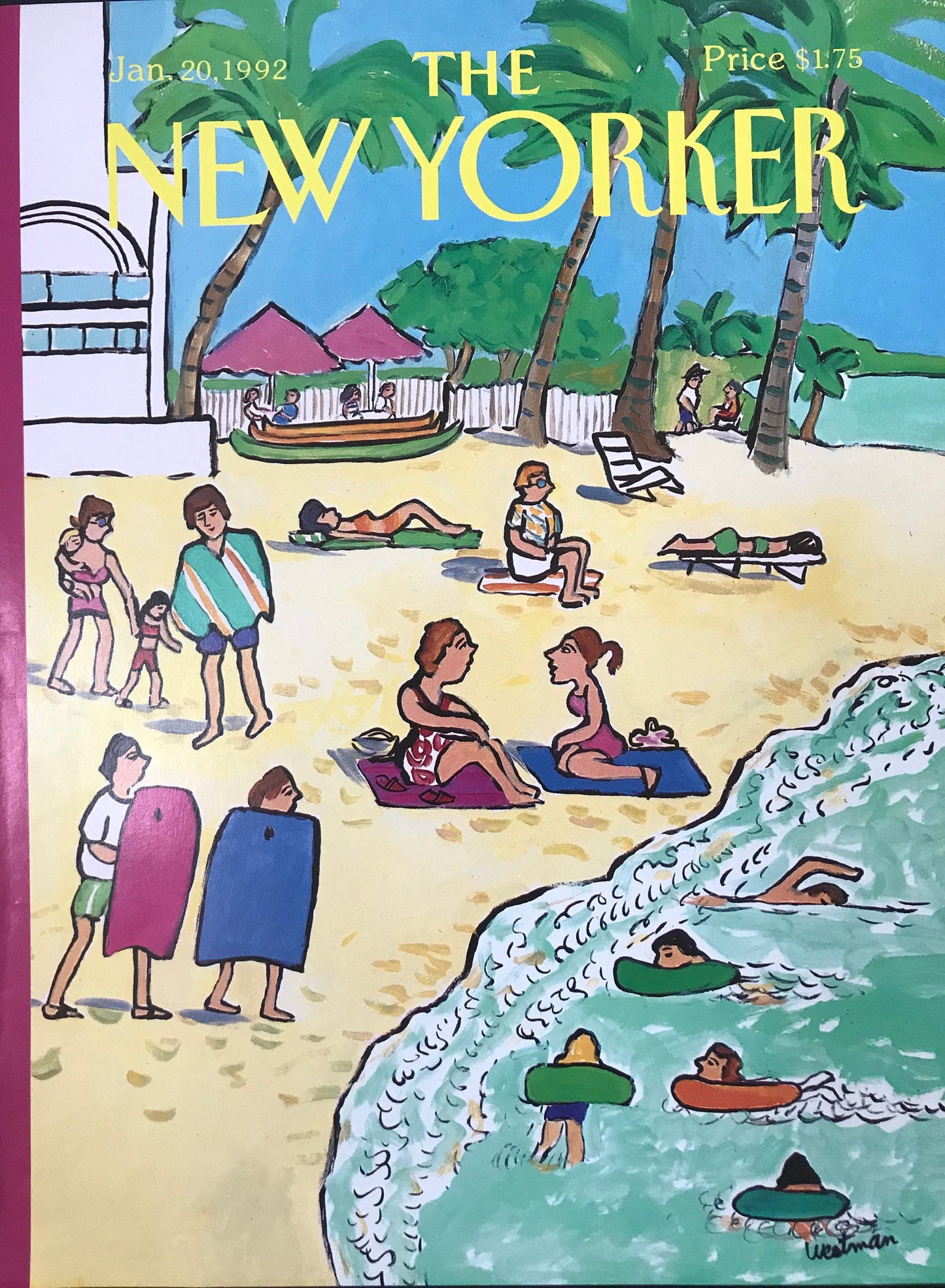 The NEW YORKER cover only - January 20, 1992 - lake, ocean, swimming, summer, boogie board