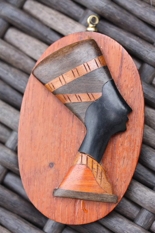 Stunning vintage inlaid wood carved sculptural African woman necklace pendant