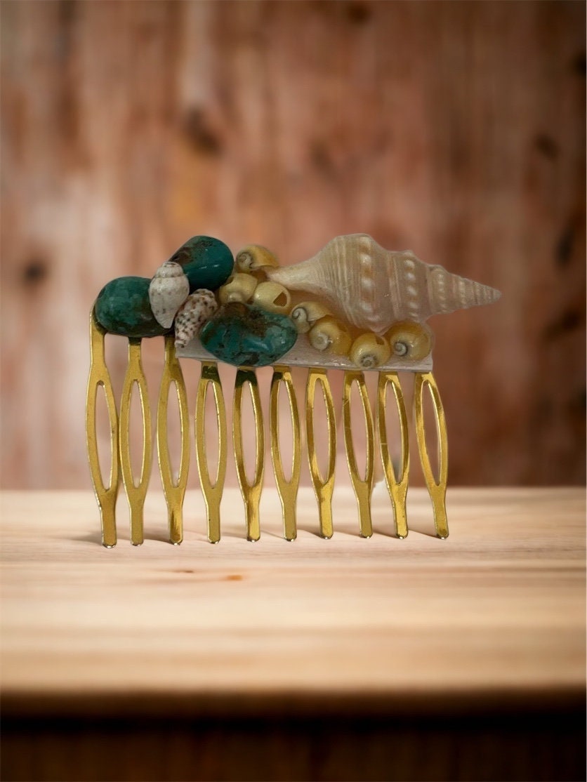 Stunning beach themed hair comb - starfish, stones, shells, faux pearls and blue sea glass on goldtone metal