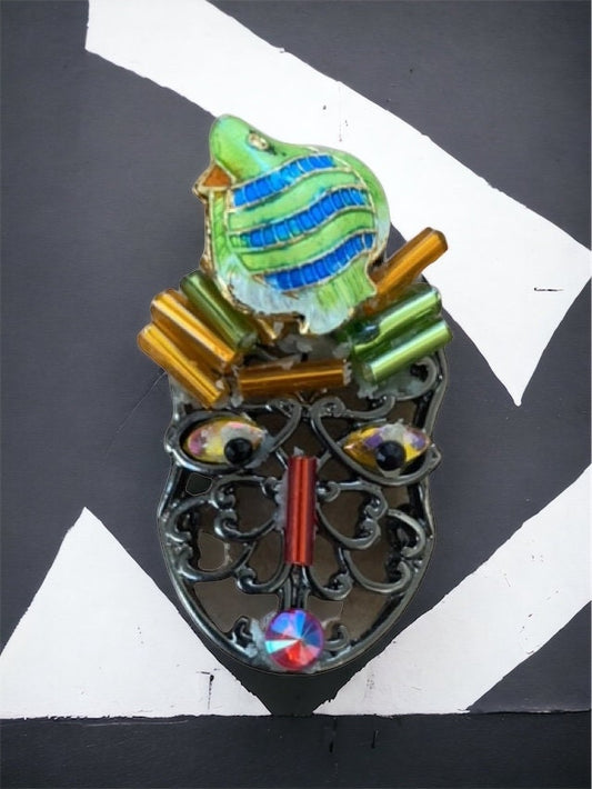 Meet Mr. Fish Head - Assemblage art / mixed media collage - magnet, pin, necklace pendant or Christmas ornament