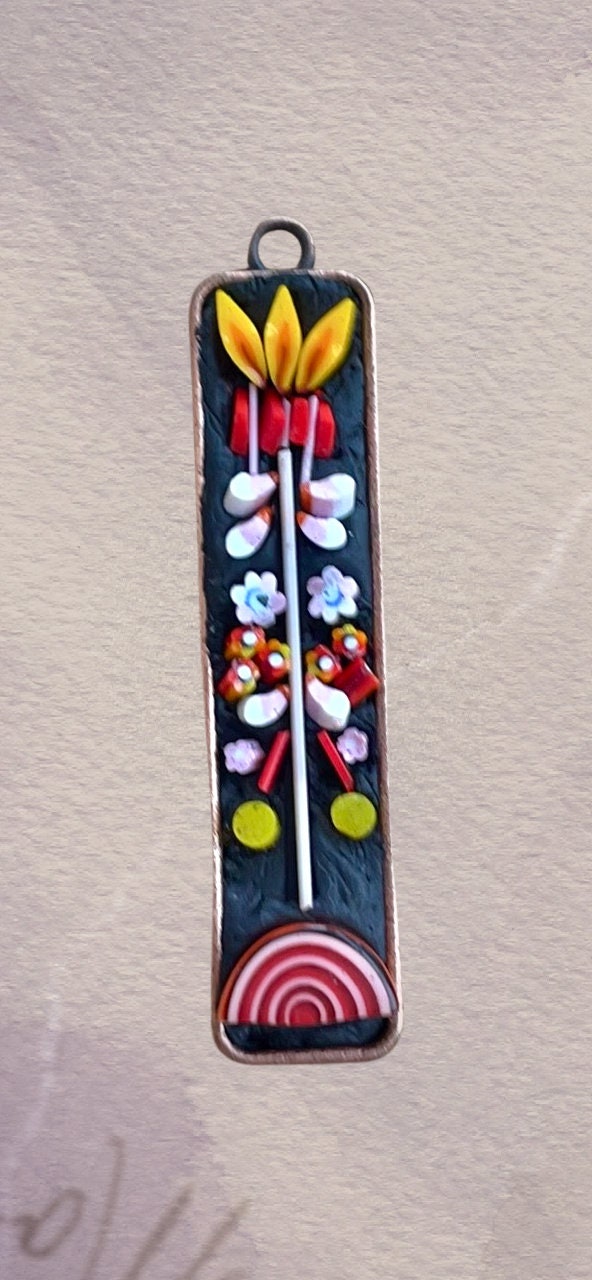 Handmade folk art inspired mixed material mosaic necklace - hand cut Italian glass, millefiori, flowers, red and white striped art glass