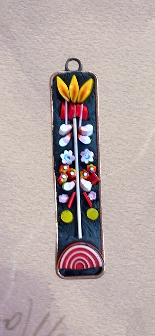 Handmade folk art inspired mixed material mosaic necklace - hand cut Italian glass, millefiori, flowers, red and white striped art glass
