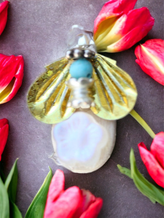 Meet "Buzz" - Assemblage art / mixed media collage - little flying insect magnet, lapel pin or necklace pendant
