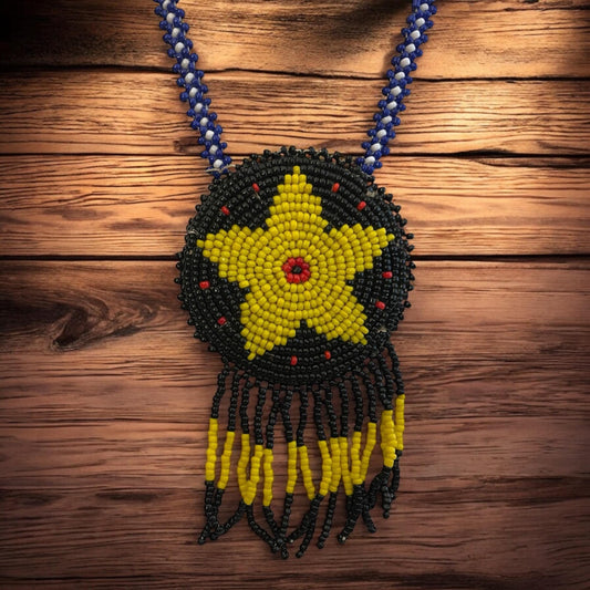 Native American style seed bead beadwork yellow, black and red stunning necklace