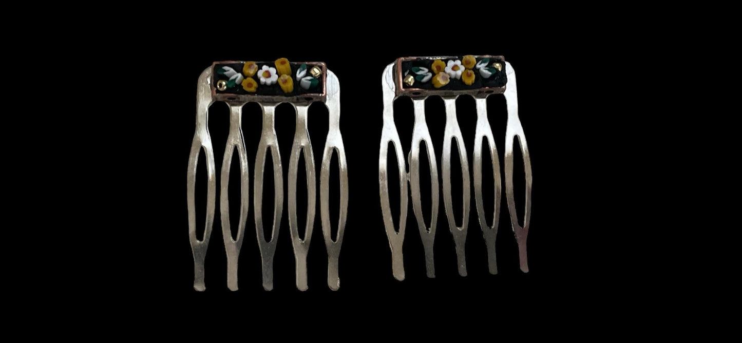 Pair of one-of-a-kind handmade Italian glass micro mosaic hair combs
