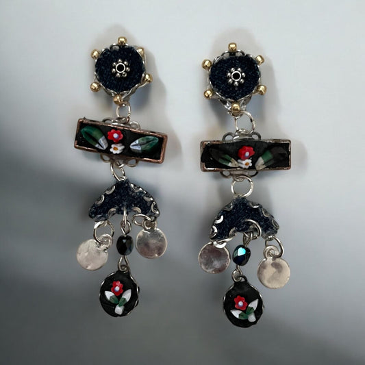 Handmade Italian and folk art inspired hand cut micro mosaic glass millefiori, denim and beadwork dangle earrings. Sterling silver ear wires