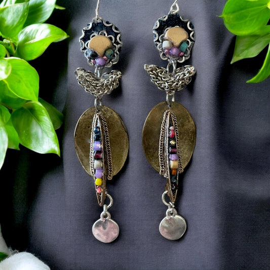 Handmade mixed media earrings made with copper, glass, denim, varied tones of chain and mixed metals, sterling silver ear wires