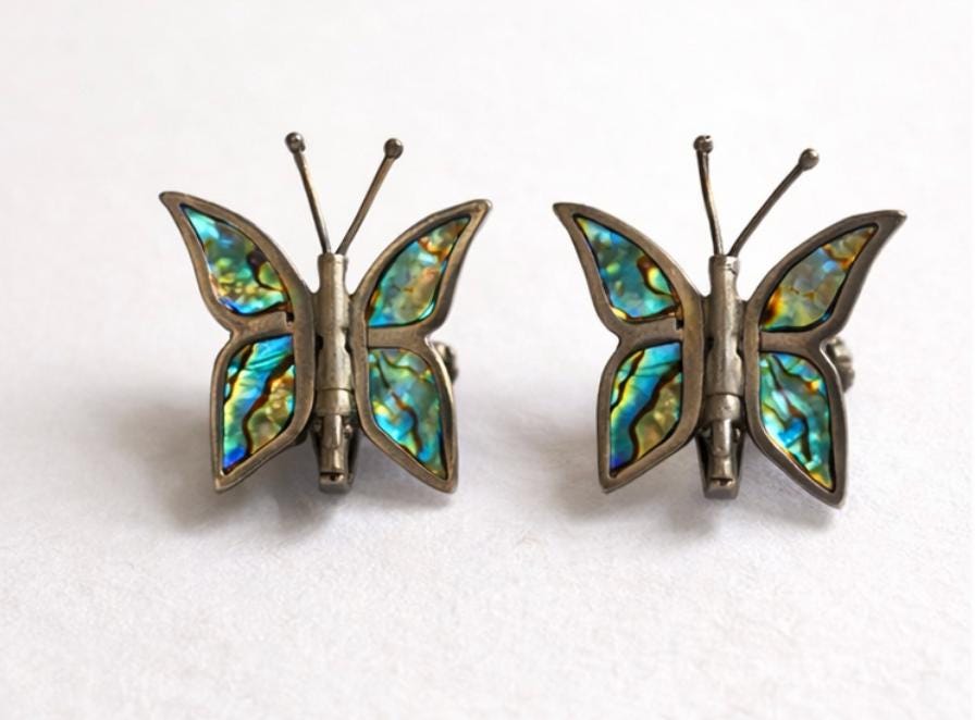 Vintage Abalone Butterfly Earrings signed Hecho en Mexico Screwback Mexican Silver Tone Shell Inlay Mid Century Nature Jewelry