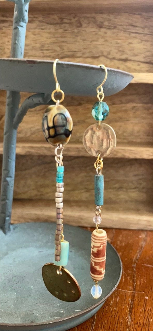 One-of-a-kind handmade mismatched mixed material long dangle earrings - vintage and new material - metal, shell, glass, clay