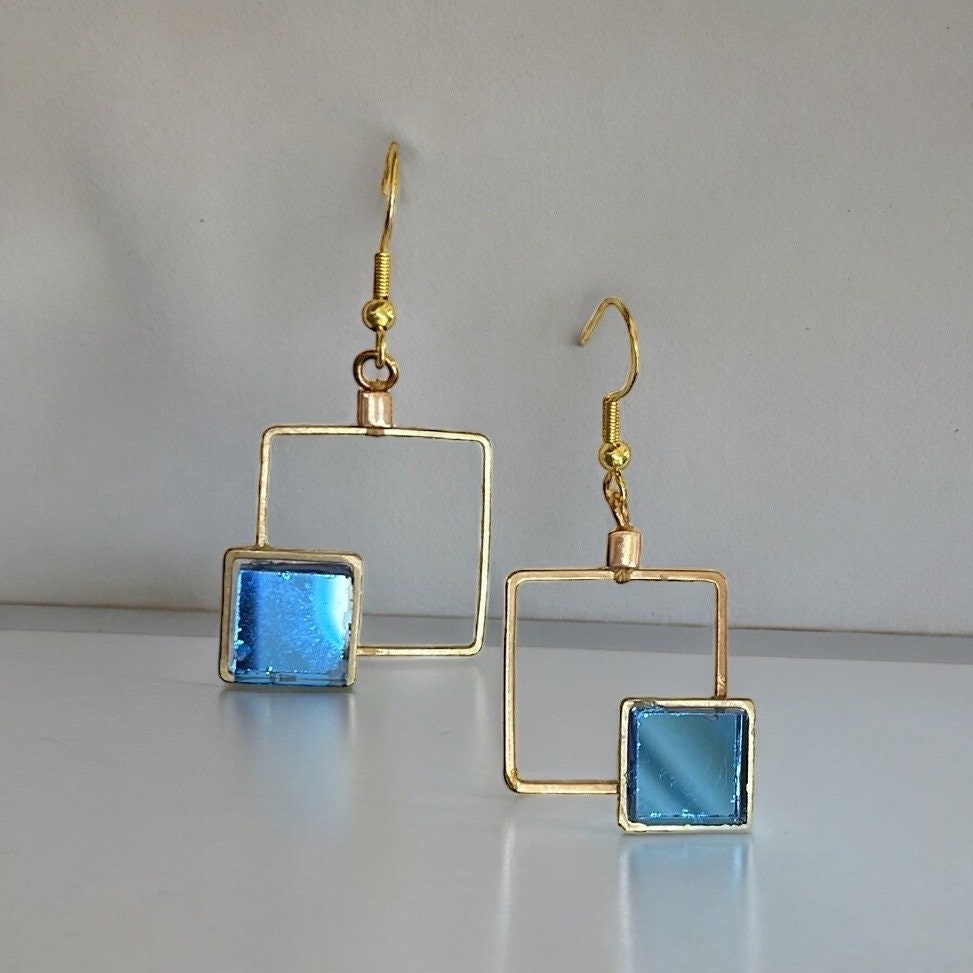 Unique geometric dangle earrings with blue mirrors