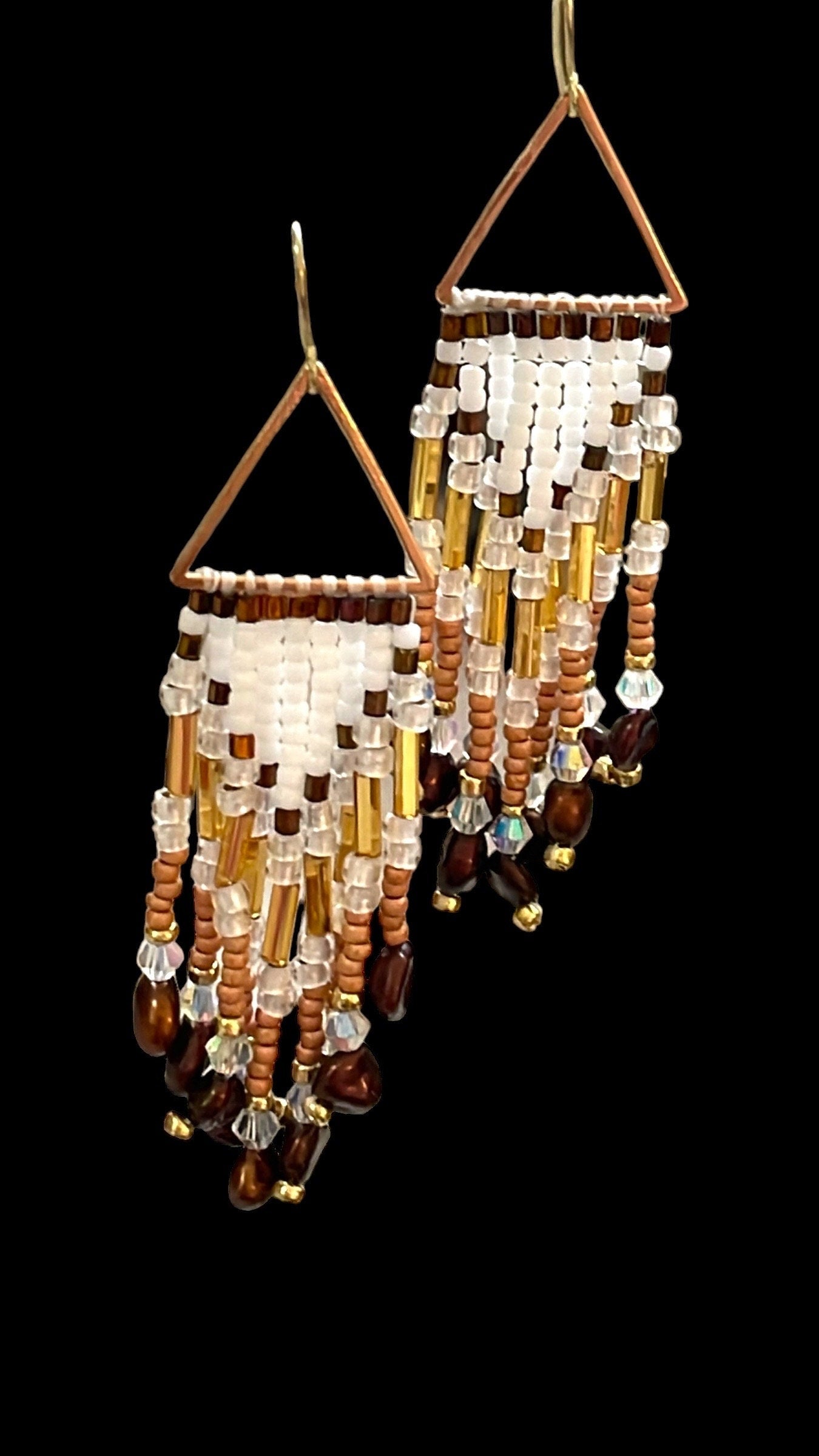 Hand beaded stunning dangle earrings - earth toned seed beads with copper pearls