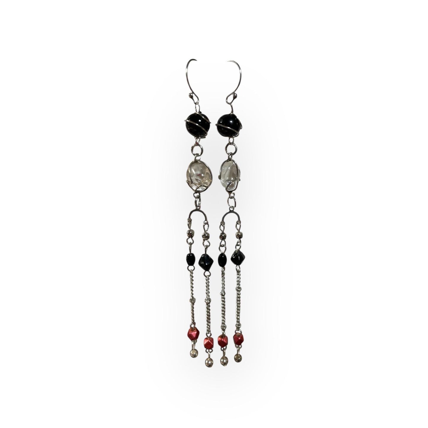 Handmade 5" Long Beaded Dangle Earrings – Black, Clear & Red Beads on Silver Tone Chains – Long Boho Statement Earrings