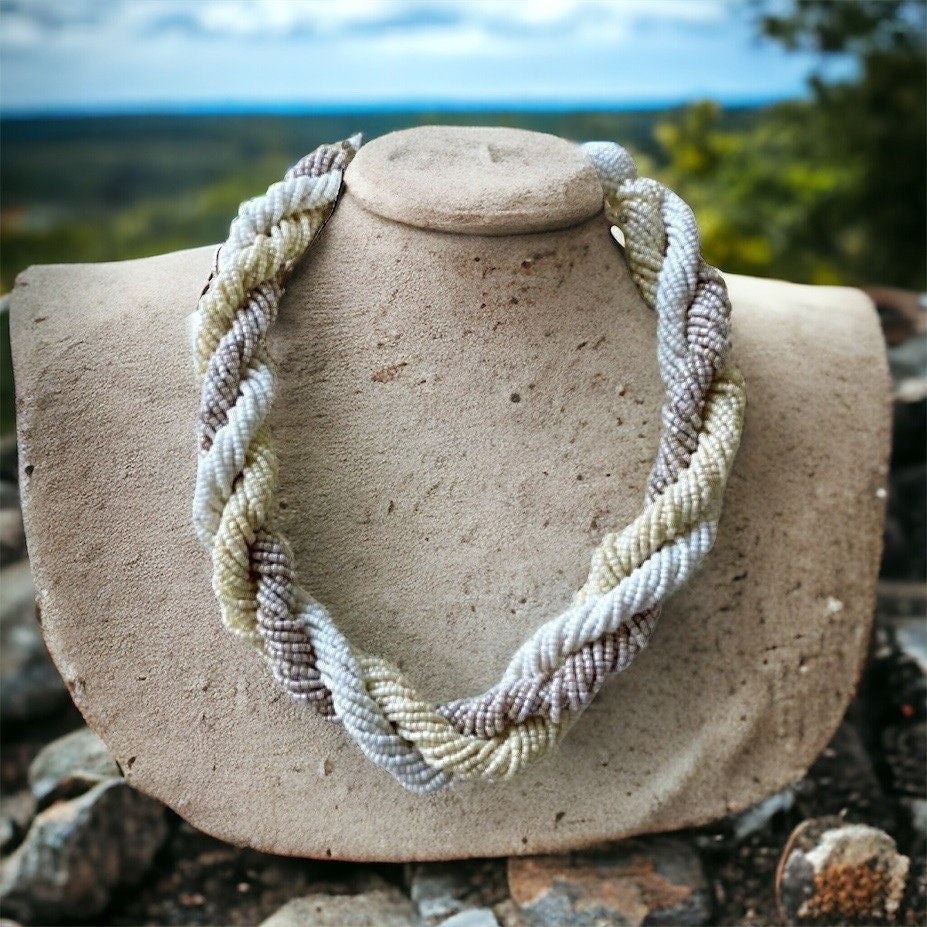 Chunky vintage statement necklace made of thousands of seed beads - with beadwork ball closure - shades of white, cream and grayish tan