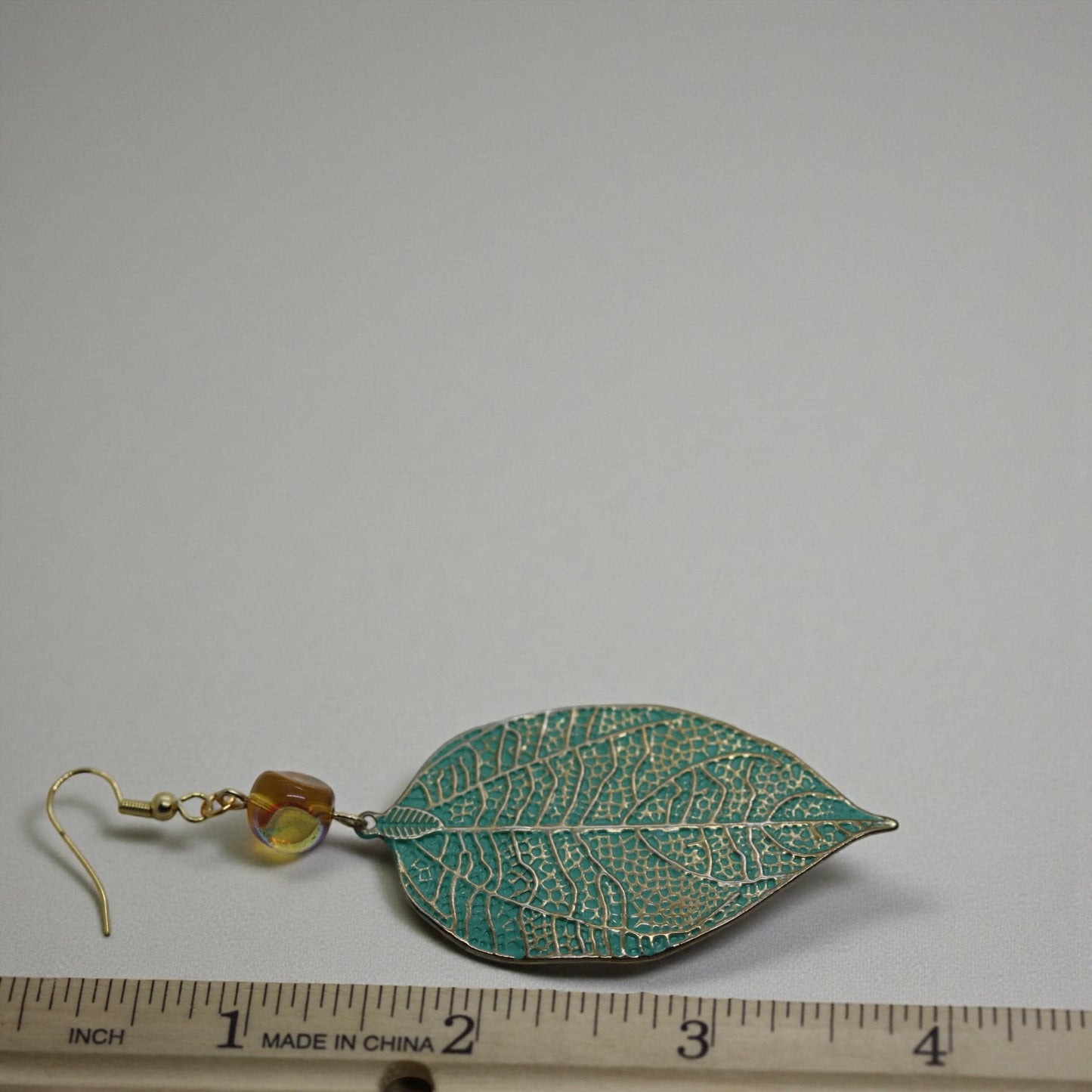 Handmade dangle earrings - Hand painted upcycled vintage leaf earrings with glass beads